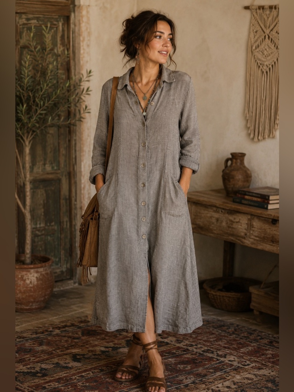 Lilith Brown Linen Dress Size Large 3/4 Sleeve Minimalist Artsy Lagencore Style